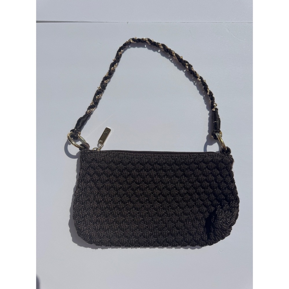Lina Coffee Brown Crochet Shoulder Bag Gold Chain Strap Baguette Purse